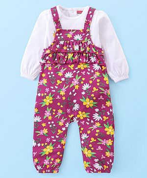 Babyhug Cotton Knit Full Sleeves Solid Colour Top with Floral Printed Dungaree - Mauve & White