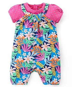 Babyhug Single Jersey Knit Puffed Sleeves Top & Dungaree Set Floral Print - Pink & Green