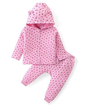 Babyhug Quilted Cotton Full Sleeves Hooded Top & Lounge Pants Co-Ord Set With Hearts Print - Pink