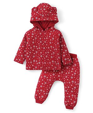 Babyhug Quilted Knit Full Sleeves Hooded T-Shirt & Pant Set with Snowflake Print & Applique - Red