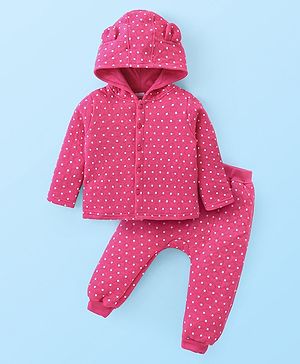 Babyhug Quilted Knit Full Sleeves Hooded Top & Bottom Set with Polka Dots Print & Applique - Pink
