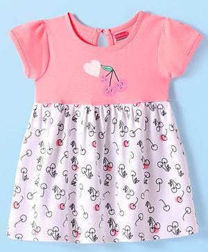 Babyhug Interlock Knit Half Sleeves Frock With Fruit Print - Pink
