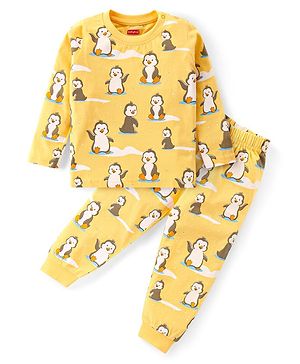 Babyhug Cotton Knit Full Sleeves Night Suit with Penguin Print - Yellow