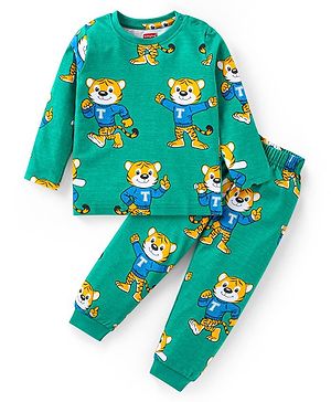 Babyhug Cotton Knit Full Sleeves Night Suit with Cub Print -Green