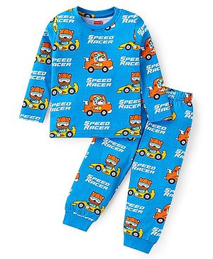 Babyhug Cotton Knit Full Sleeves Night Suit with Bear Speed Racer Print - Blue