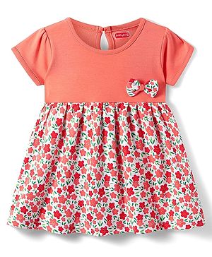 Babyhug Interlock Knit Half Sleeves Floral Printed Frock with Bow Applique - Dark Peach