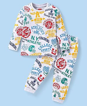 Babyhug Cotton Knit Full Sleeves Night Suit with Text Print - White
