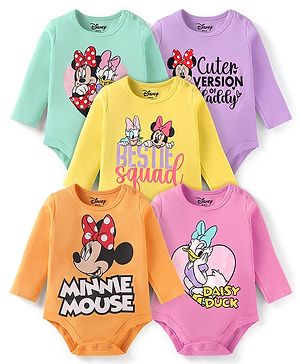 Babyhug Disney Interlock Knit Full Sleeves Onesies with Minnie Mouse & Friends  Print Pack of 5 - Yellow Pink & Orange