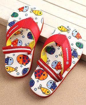 Cute Walk by Babyhug Fish Print Flip Flops With Back Strap Closure - White Cute Walk by Babyhug Fish Print Flip Flops With Back Strap Closure - White