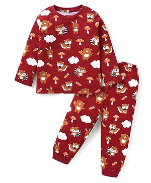 Babyhug Cotton Knit Full Sleeves Night Suit with Fox Print - Maroon