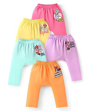 Babyhug Disney Interlock Knit Full Length Minnie Mouse Printed Diaper Leggings Pack of 5 - Orange Pink & Yellow