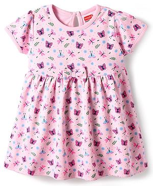Babyhug Interlock Knit Half Sleeves Frock With Floral & Buttrefly Print & Bow Applique - Pink