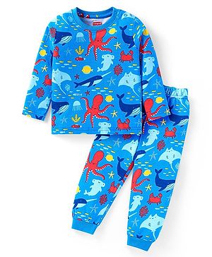 Babyhug Cotton Knit Full Sleeves Night Suit with Sea Life Print -Blue