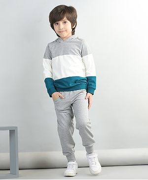 Aww Hunnie Cotton Looper Full Sleeves Colour Block Hooded Sweatshirt With Solid Joggers - Grey