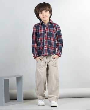 Aww Hunnie Woollen Blend Full Sleeves Checked Shirt With Solid Corduroy Trousers - Beige