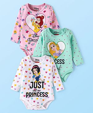 Babyhug Disney Interlock Knit Full Sleeves Onesies with Disney Princess Graphics Pack of 3 - Mint Green White & Pink
