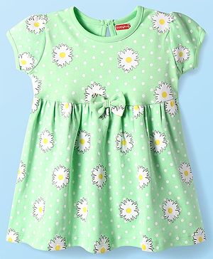 Babyhug Interlock Knit Half Puffed Sleeves Floral Printed Frock with Bow Applique - Light Green