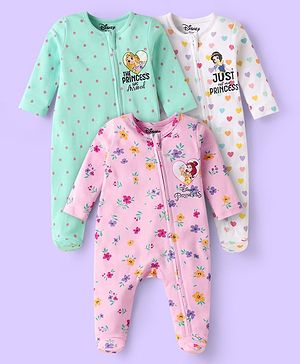 Babyhug Disney Interlock Knit Full Sleeves Footed Sleep Suits with Disney Princess Graphics Pack of 3 - Pink White & Light Green