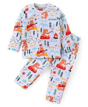 Babyhug Cotton Knit Full Sleeves Night Suit with Bear Print - White