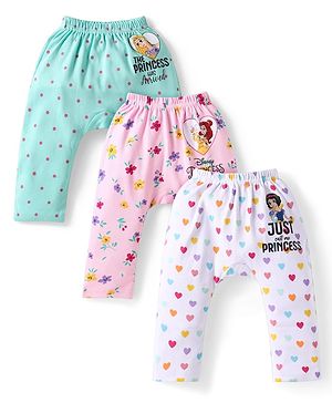 Babyhug Disney Interlock Knit Full Length Diaper Leggings with Disney Princess Print Pack of 3 - Pink White & Blue