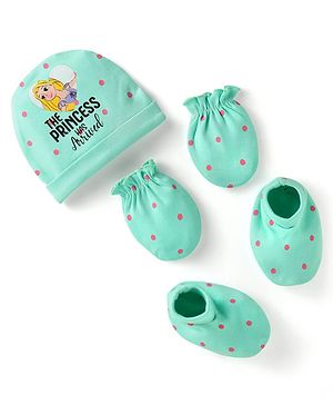 Babyhug Disney Girls Caps Mittens & Booties Set with Rapunzel Graphic - Turquoise