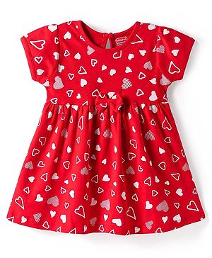 Babyhug Interlock Knit Half Sleeves Heart Printed Frock with Bow Applique - Red