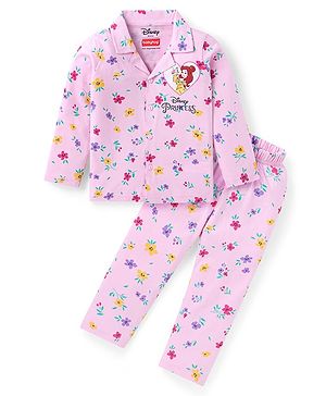 Babyhug Disney Full Sleeves Night Suit with Floral & Disney Princess Print - Pink