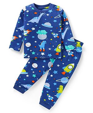Babyhug Cotton Knit Full Sleeves Night Suit With Dino & Space Theme Print - Navy