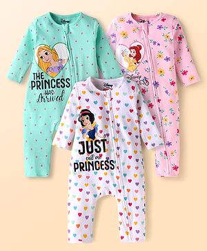 Babyhug Disney Interlock Knit Full Sleeves Rompers with Disney Princess Graphics Pack of 3 - Mint Green Pink & White
