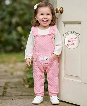 Babyoye 100% Cotton Knit Solid Dyed
                              Full Sleeves T-Shirt & Dungaree With
                              Text Print - Pink