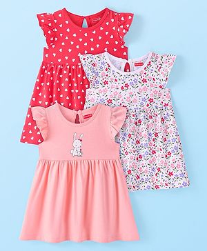 Babyhug Sinker Knit Frill Sleeves Frocks With Hearts & Floral Print Pack Of 3 - Red White & Light Pink