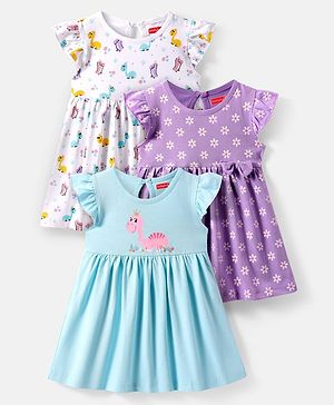 Babyhug Sinker Knit Frill Sleeves Frock with Floral & Dino Print Pack of 3 - Light Blue Lavender & White