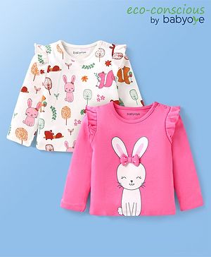 Babyoye Eco Conscious 100% Cotton Knit Full Sleeves Tops With Bunny Print Pack of 2 - White & Dark Pink