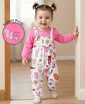 Babyoye Eco Conscious 100% Cotton
                              Knit Full Sleeves Animal Printed T-Shirt
                              & Dungaree Style Romper - White &
                              Pink