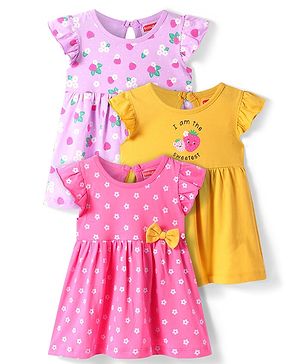 Babyhug Sinker Knit Frill Sleeves Frocks with Floral Print & Bow Applique Pack of 3 - Pink & Yellow