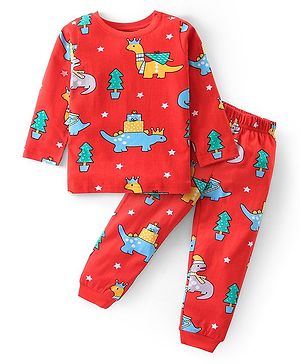 Babyhug Cotton Knit Full Sleeves Night Suit Dino Print- Red
