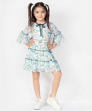 Naughty Ninos Three Fourth Sleeves Floral Printed Flared Dress - Blue