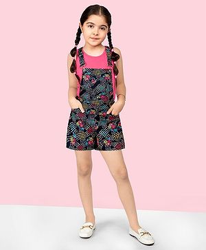 Naughty Ninos Cotton Sleeveless Printed Dungaree With Top - Black