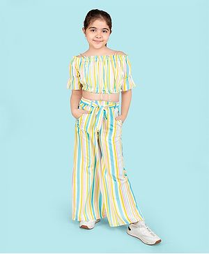 Naughty Ninos Half Bell Sleeves Cold Shoulder Striped Top & Coordinating Palazzo Set - Yellow