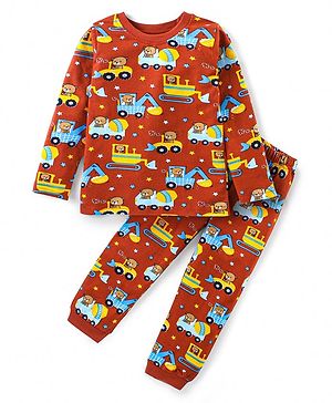 Babyhug Cotton Knit Full Sleeves Night Suit With Teddy & Vehicles Print - Dark Red