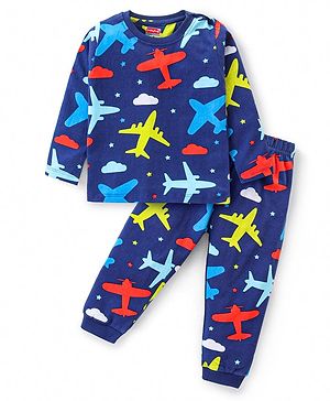 Babyhug Cotton Knit Full Sleeves Night Suit with Airplane Print - Navy Blue