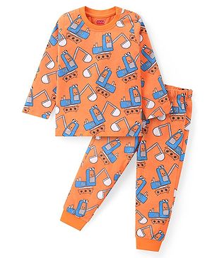 Babyhug Cotton Knit Full Sleeves Night Suit JCB Print - Orange