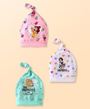Babyhug Disney Interlock Knit Caps With Disney Princesses Graphics & Knot Detailing Pack of 3 - Blue White & Pink