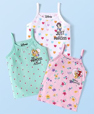 Babyhug Disney Cotton Lycra Knit Singlet Sleeves Slips with Disney Princess Graphic  Pack Of 3 - White Pink Light Blue