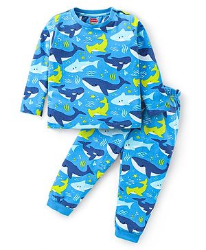 Babyhug Cotton Knit Full Sleeves Night Suit with Whale Print -  Blue
