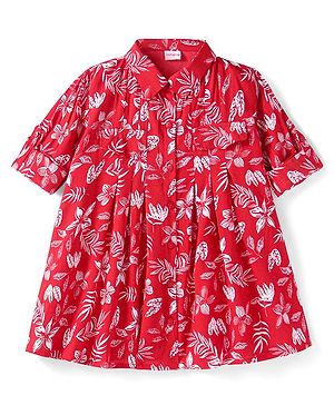 Babyhug Viscose Woven Full Sleeves Floral Printed Collared Frock - Red