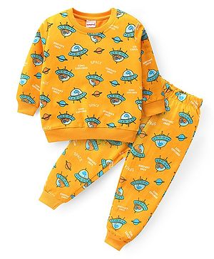 Babyhug Cotton Loop Knit Full Sleeves Night Suit Dino Explorer Print - Orange