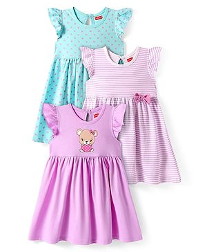 Babyhug Sinker Knit Frill Sleeves Striped Heart & Bear Printed Frocks with  Bow Applique  Pack of 3 - Lilac Blue & Pink