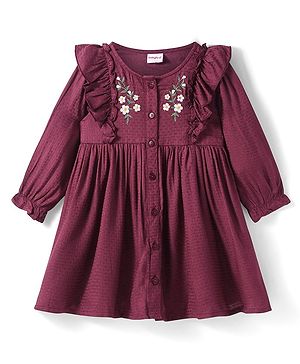 Babyhug Knit Full Peasant Sleeves Frock With Floral Embroidery & Frill Detailing - Maroon