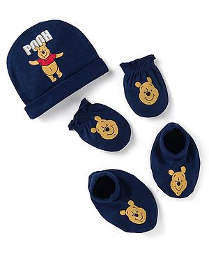 Babyhug Disney Interlock Winnie The Pooh Graphics Cap Mittens & Booties Set - Navy